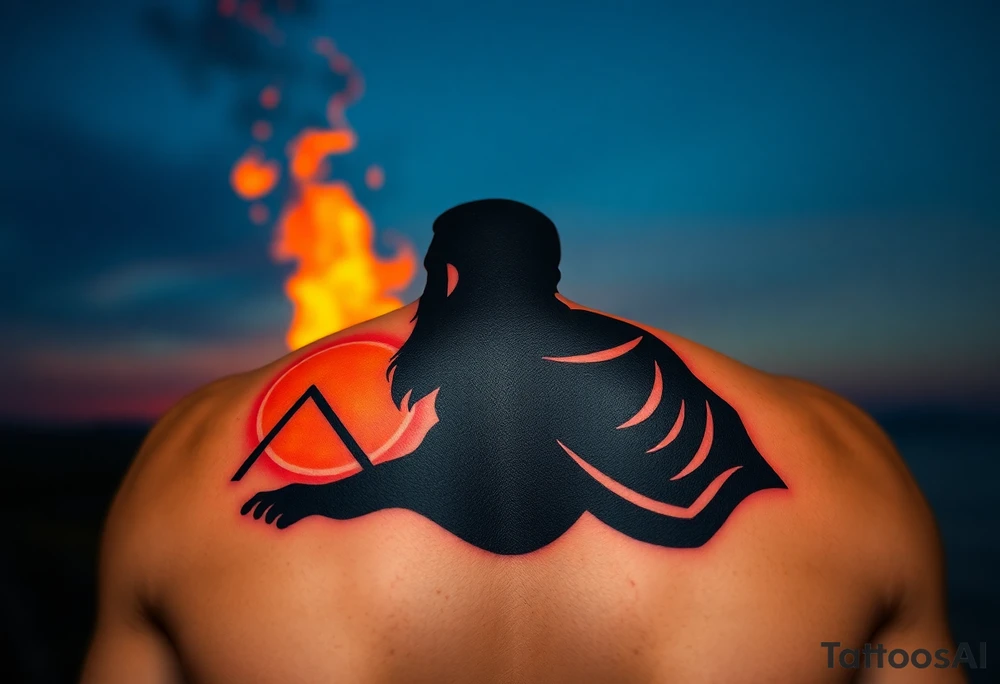 A silhouette of Jan Hus standing before a bonfire, with fiery orange and red shades blending into a deep blue sky. tattoo idea
