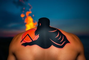 A silhouette of Jan Hus standing before a bonfire, with fiery orange and red shades blending into a deep blue sky. tattoo idea