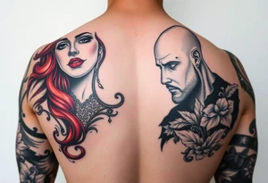 Woman with long red hair and red lipstick with lots of tattoos with  a bald muscular white man with tattoos getting married tattoo idea