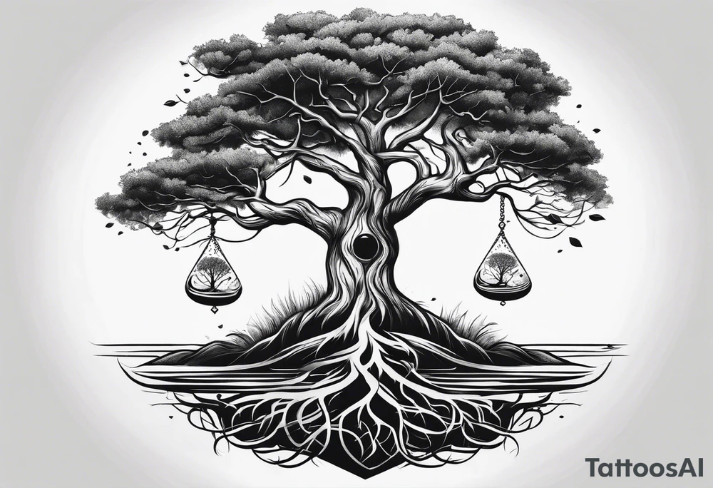 tattoo of a tree with the roots wrapping around a hour glass tattoo idea