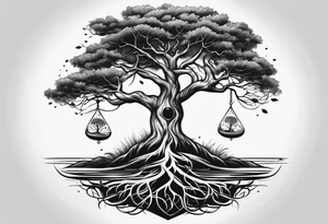 tattoo of a tree with the roots wrapping around a hour glass tattoo idea