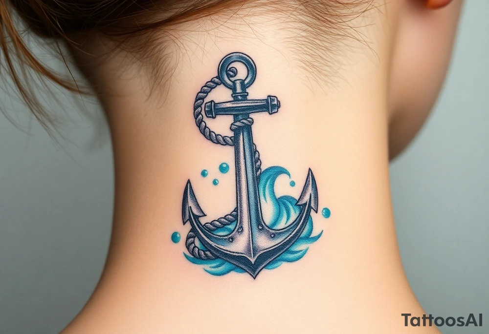 weathered anchor wrapped in nautical rope with sea waves tattoo idea