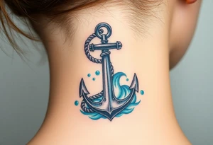 weathered anchor wrapped in nautical rope with sea waves tattoo idea
