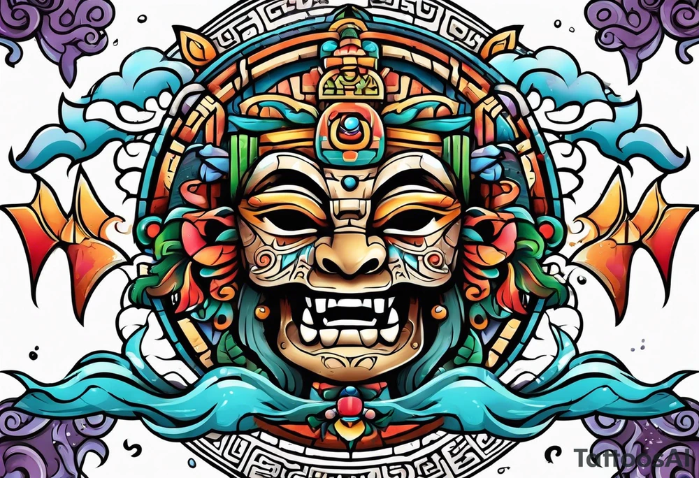 Colorful Mayan hieroglyph with bats and water tattoo idea