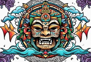Colorful Mayan hieroglyph with bats and water tattoo idea