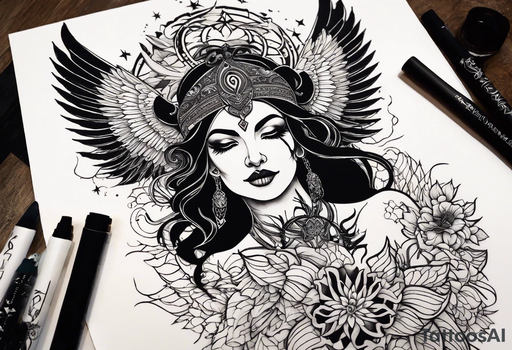 black kali, goddess pirate, alien, angel, pachamama, valkrye, warrior, flying, skull, lotus azul, wing, eagle, zenza resonance, stars, 5D, anahata chakra, death, durga, riding on a tiger, flying lady, chest tatoo tattoo idea