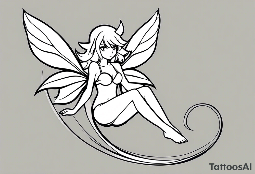 No color fairy with a tail inspired by the logo of the anime show called Fairy Tail in a fetal position leaning in and forward while in the air floating and sleeping tattoo idea