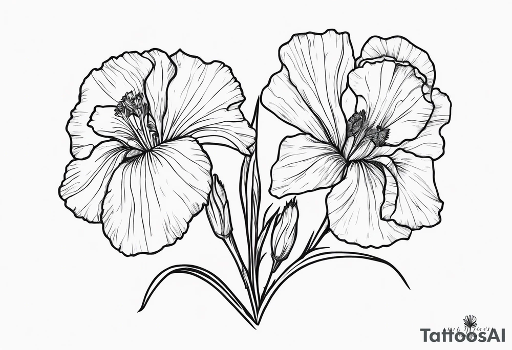 The names heather and Tayah as the stem of a marigold and a iris flowers tattoo idea