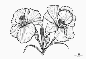 The names heather and Tayah as the stem of a marigold and a iris flowers tattoo idea