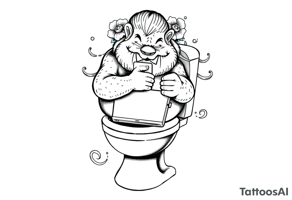 big fat d with a ipad on the toilet shitting with skibidi toilet tattoo idea