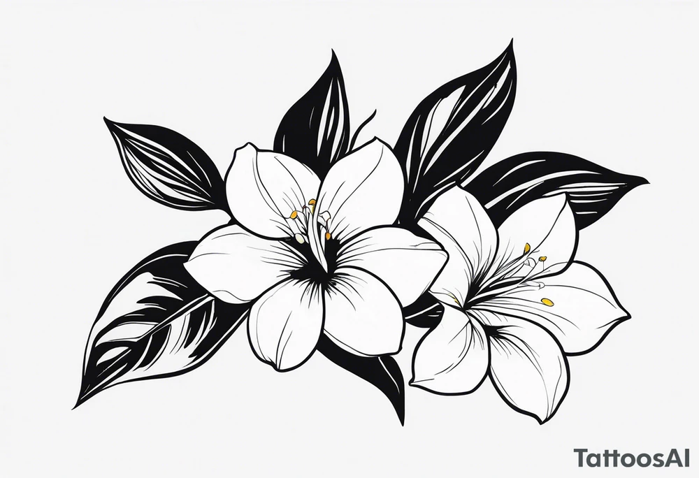white background, abstract mandevilla flowers on a vine, part of it watercolor, part of it just line work tattoo idea