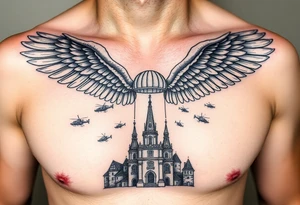 tattoo only  n the left side of the chest, paratrooper wings in the clouds with helicopters and paratroopers on their feet and below the church of cyril and methodius from prague tattoo idea