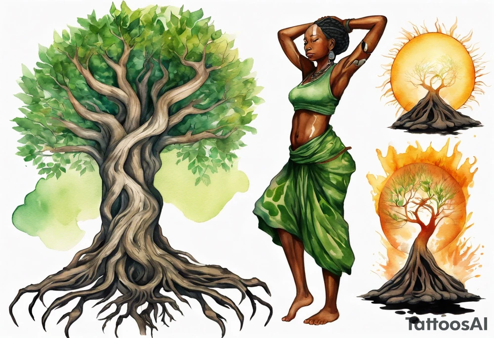 a tree trunk with roots that is a black woman from the waist up, feet made of tree roots, wearing a green tunic, arms stretched upwards towards the blazing sun tattoo idea