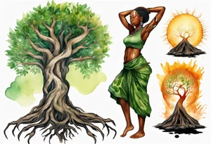 a tree trunk with roots that is a black woman from the waist up, feet made of tree roots, wearing a green tunic, arms stretched upwards towards the blazing sun tattoo idea