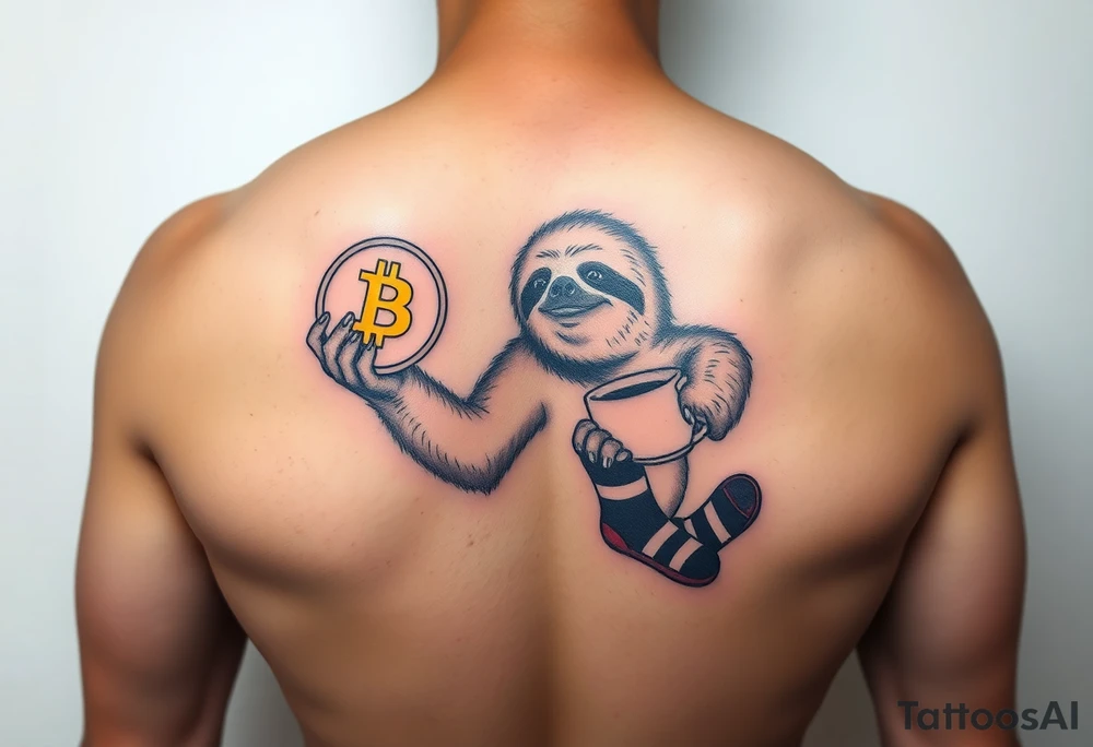 Sloth holding a bitcoin in one hand and coffee in the other hand with socks and slides on tattoo idea