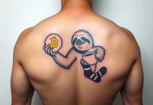 Sloth holding a bitcoin in one hand and coffee in the other hand with socks and slides on tattoo idea