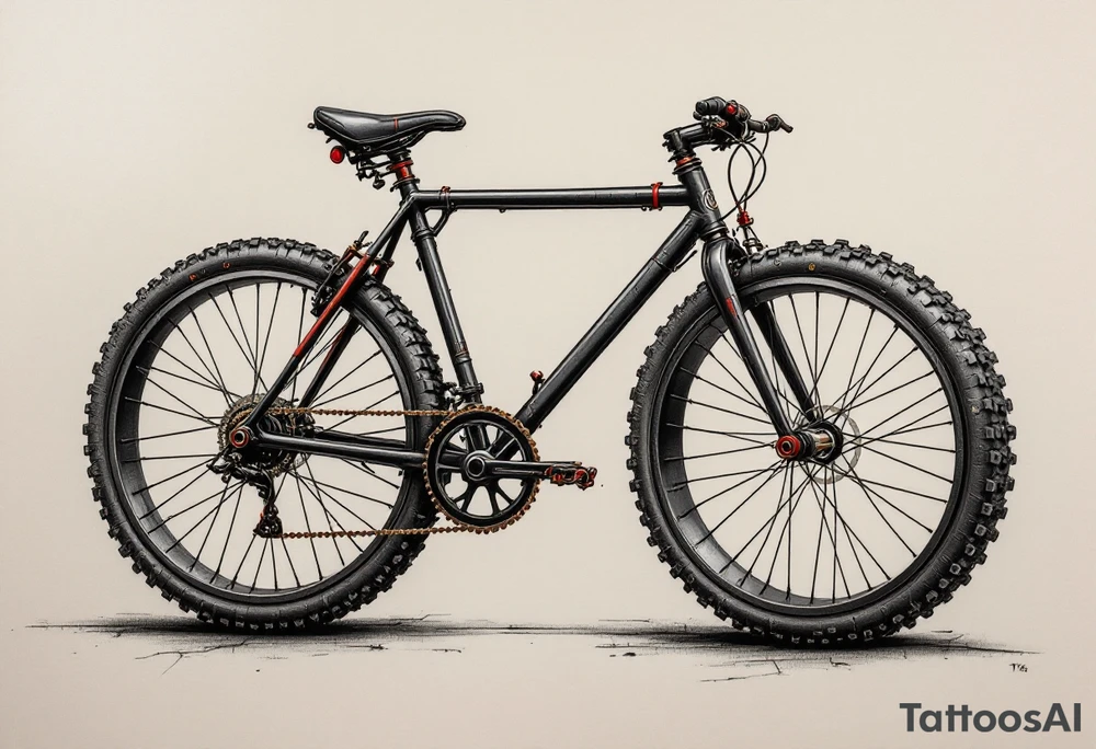 A bicycle with an oversized front wheel, painted in matte black with a touch of red and gray for a steampunk vibe. tattoo idea