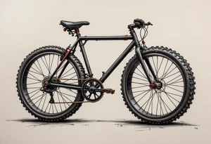 A bicycle with an oversized front wheel, painted in matte black with a touch of red and gray for a steampunk vibe. tattoo idea