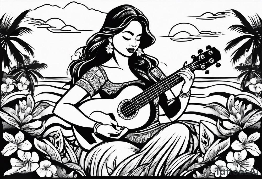 hula plynesian girl squating and dance with ukulele tattoo idea