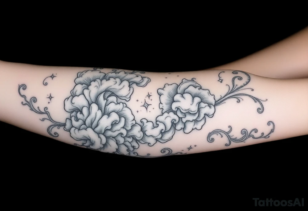 Celestial swirling tumultuous intergalactic space clouds daintily flowing like light wispy smoke tattoo idea