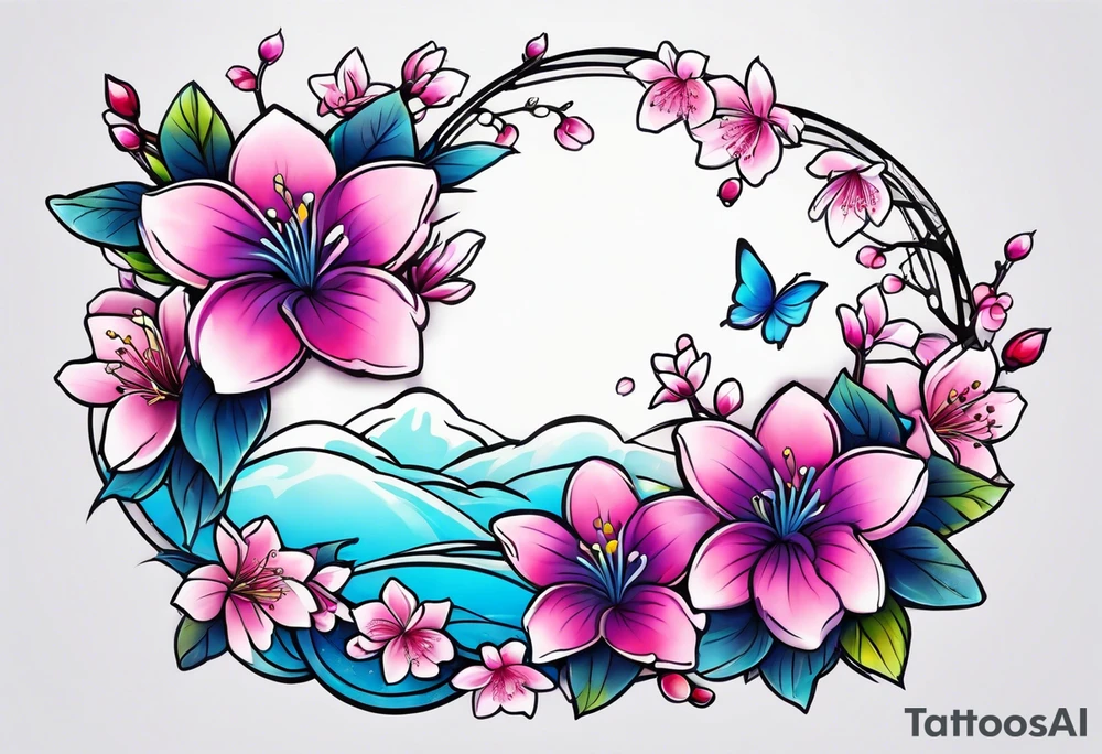 Stars, pinks, purple, blues and cherry blossoms tattoo idea