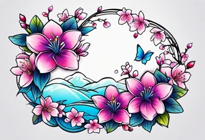 Stars, pinks, purple, blues and cherry blossoms tattoo idea