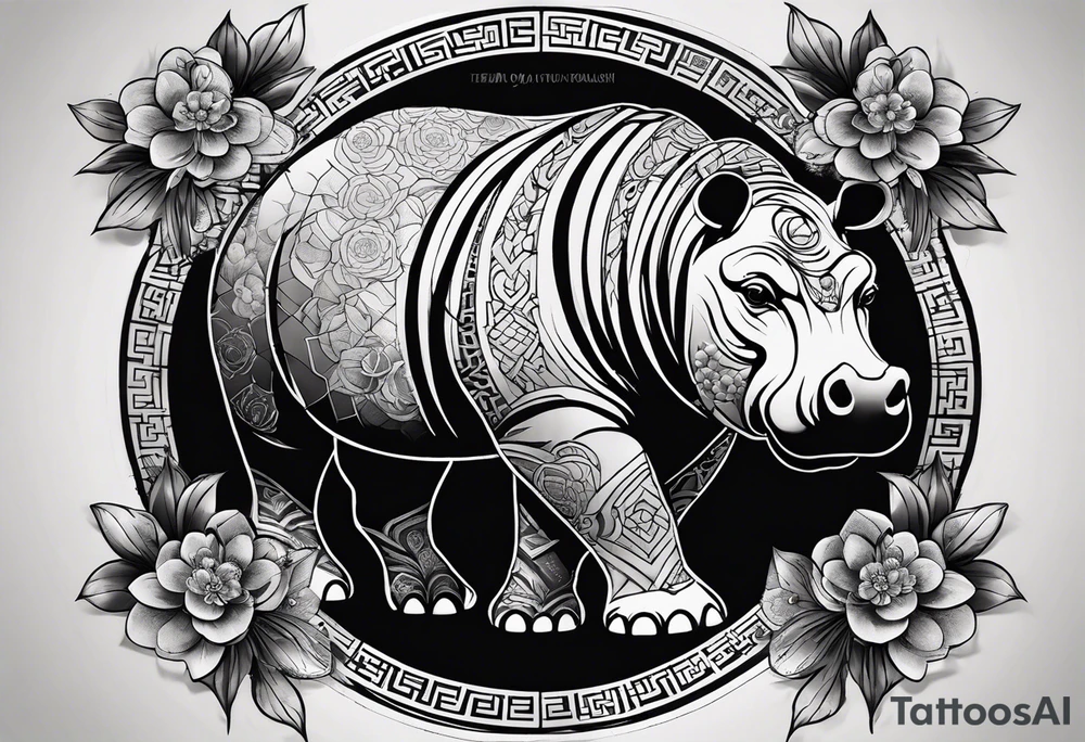 Very asymmetrical, +geometric pattern, with realistic full moon, with serious looking hippo, +zen feel, + Buddhism touch, +tribal, +geometric, +chinese inkart 
with wintersweet flower bud, +portrait orientation, +inkart touch, tattoo idea