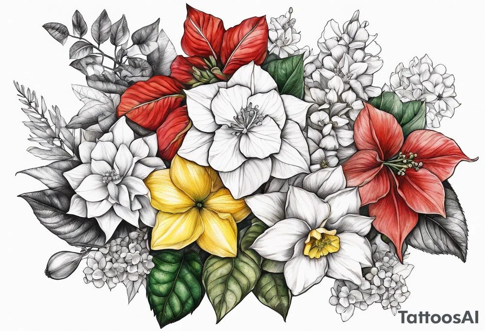 Hydrangea, Narcissus, Poinsettia, Holly, Gladiolus, Poppy, Daisy, Sweet Pea floral tattoo idea