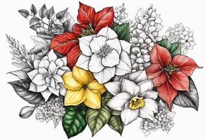 Hydrangea, Narcissus, Poinsettia, Holly, Gladiolus, Poppy, Daisy, Sweet Pea floral tattoo idea