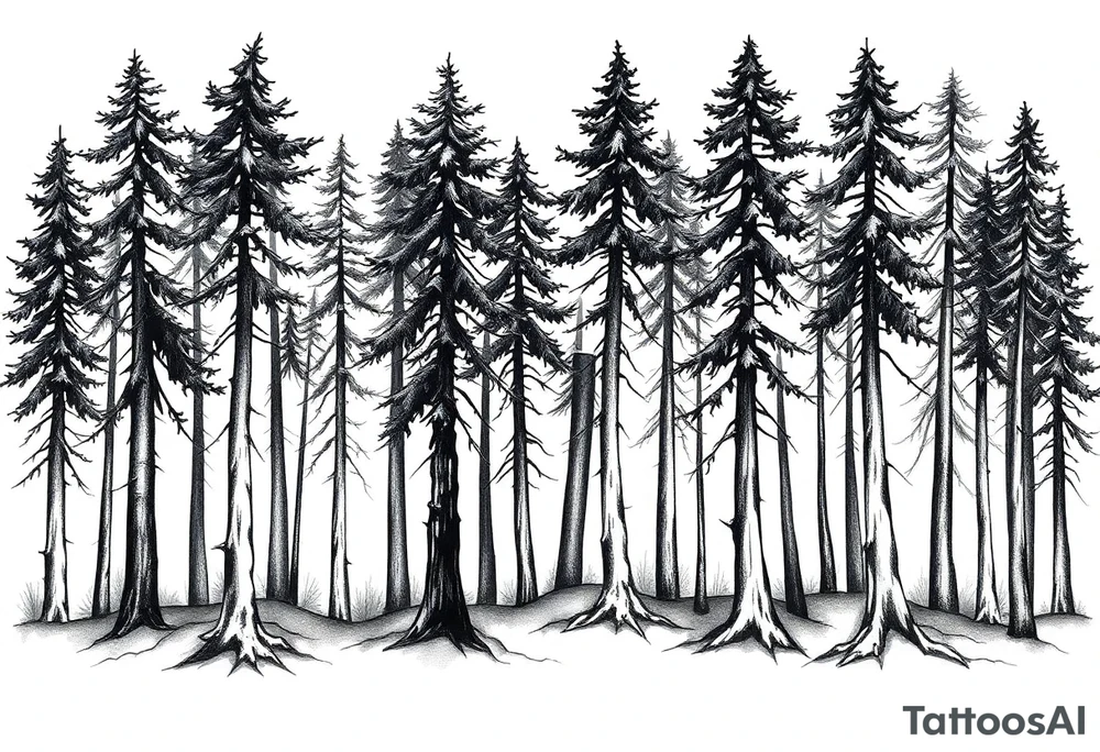 Needle forest with black and gray trees tattoo idea