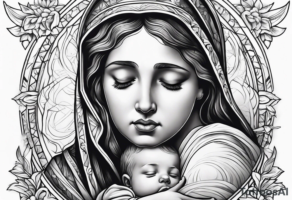 Mary holding baby Jesus in her arms crying tattoo idea