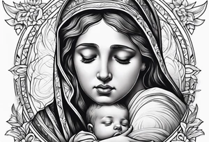 Mary holding baby Jesus in her arms crying tattoo idea