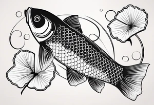 Koi fish, ginkgo leaf, minimalism style for tattoo, black and white ink sketch over textured paper tattoo idea