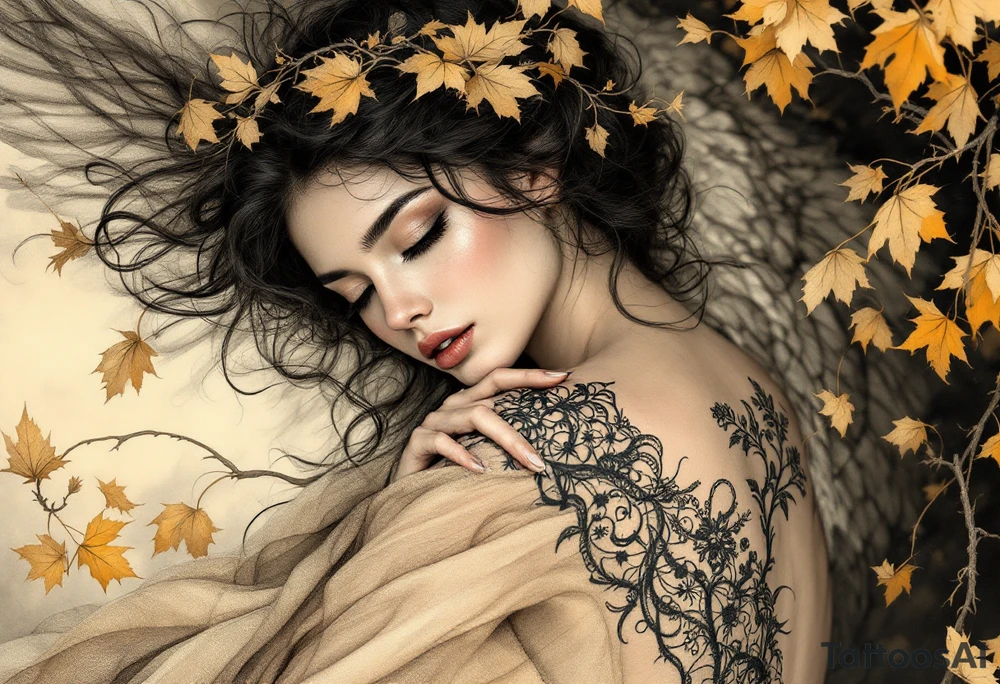 Alfons Mucha’s angelic woman leaning into autumn winds, dressed in burnt sienna fabrics and surrounded by ochre leaves. tattoo idea