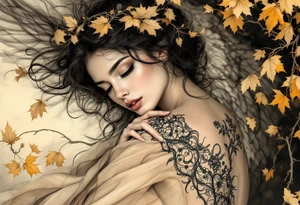 Alfons Mucha’s angelic woman leaning into autumn winds, dressed in burnt sienna fabrics and surrounded by ochre leaves. tattoo idea