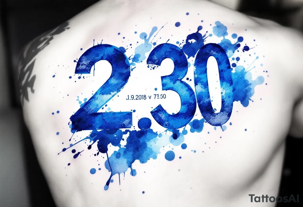 Bold numbers "21.9.2018 v 7:30" with the name "Jakub" beneath, surrounded by a blue watercolor splash. tattoo idea