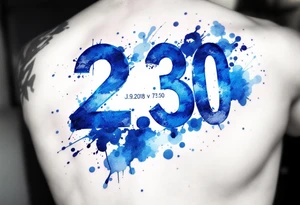Bold numbers "21.9.2018 v 7:30" with the name "Jakub" beneath, surrounded by a blue watercolor splash. tattoo idea