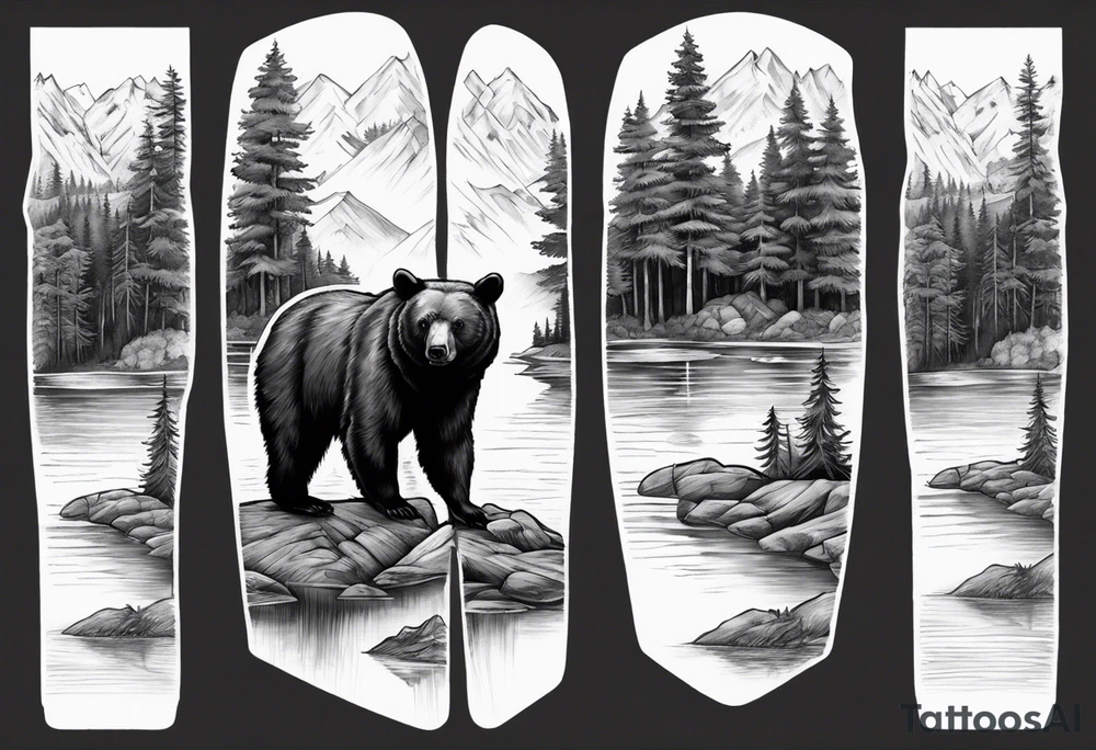 black bear over a forest with a lake below, full sleeve tattoo idea