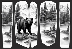 black bear over a forest with a lake below, full sleeve tattoo idea