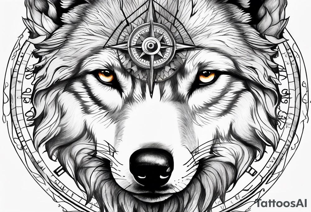 Wolf face with compass and my daughters name Madison tattoo idea