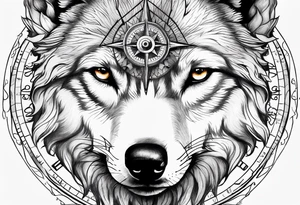 Wolf face with compass and my daughters name Madison tattoo idea