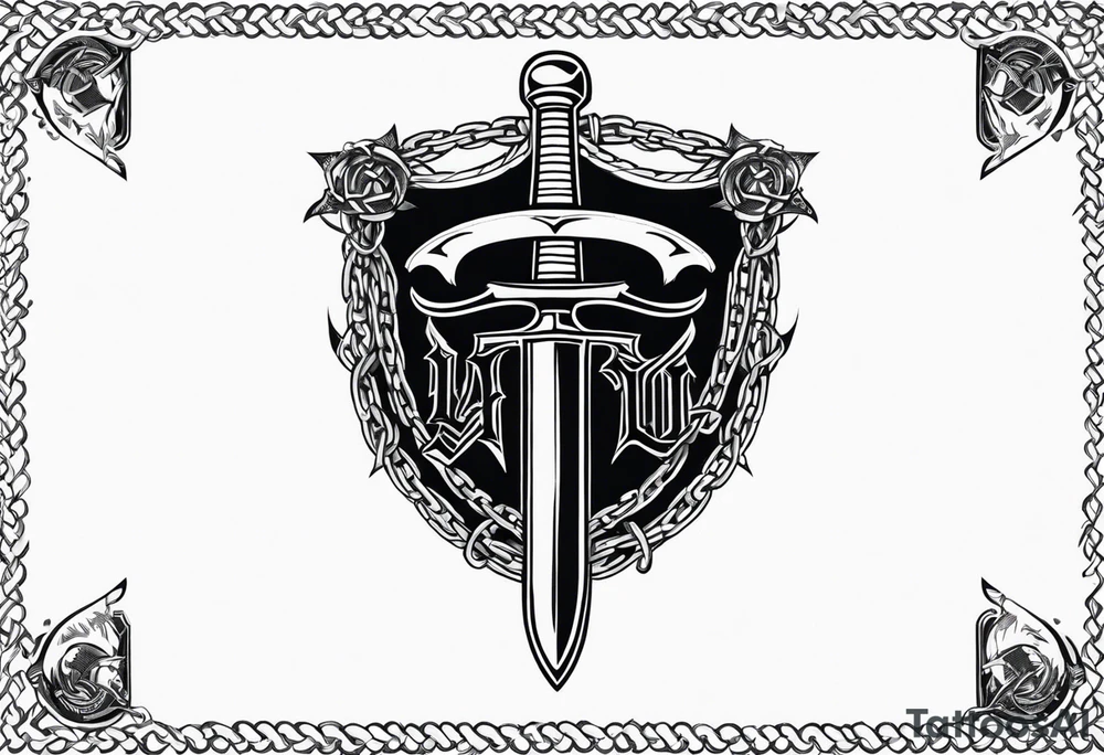 Valhalla sword shield axe barbed wire chains dark cloud tattoo idea