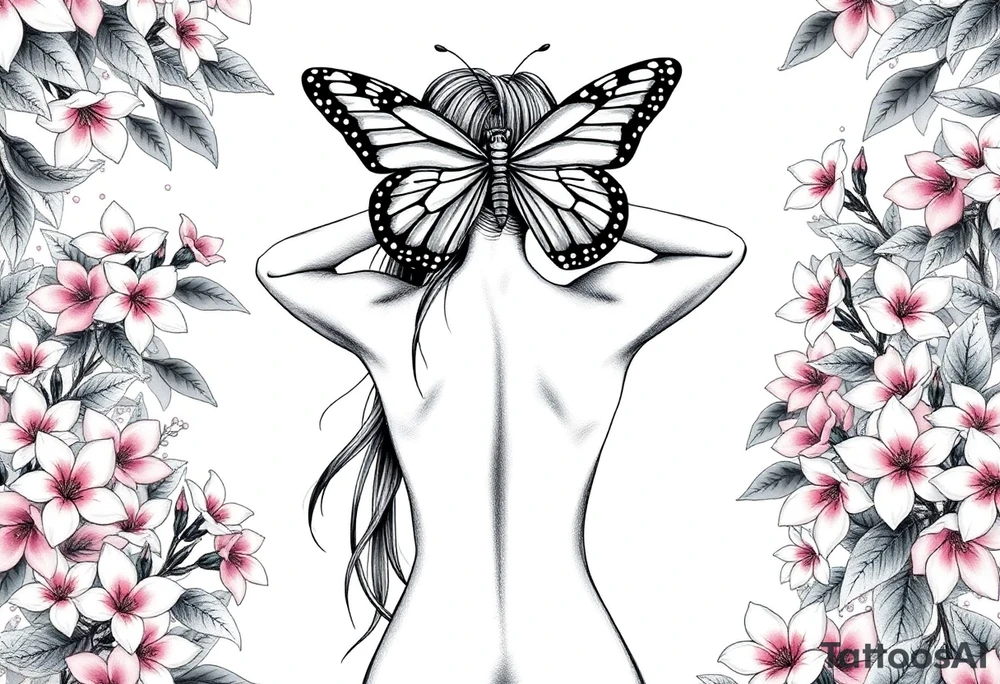 Women whos hands are to her ears with her long hair flowing in the wind and dow. Her back while the is kneeling naked on her knees in a beautiful garden surrounded by pink plumeria surrounding her the women has both arms up with her hands covering both her ears and above her a big beautiful butterfly that's right above her head that half the butterflys wings covers her eyes like a blind fold and her lips and sown shut tattoo idea