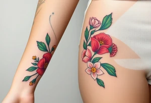 Fore arm tattoo in the neo american traditional style. I want to incorporate a few different flowers: Poppies, Morning Glory, Narcissus with green leaves in the background tattoo idea