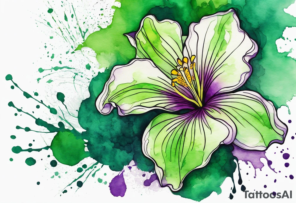 An outline of a green rio dipladenia flower and a green and purple watercolor splash in the background tattoo idea