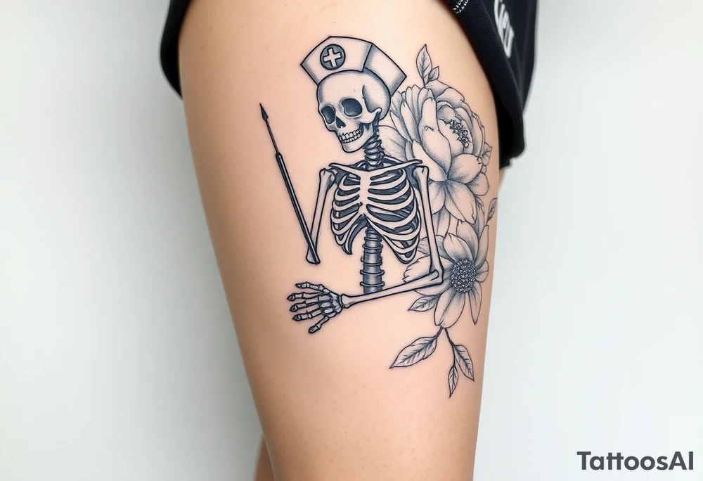 Pretty Nurse skeleton holding a needle with peonies and honey combs background tattoo idea