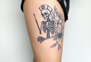 Pretty Nurse skeleton holding a needle with peonies and honey combs background tattoo idea