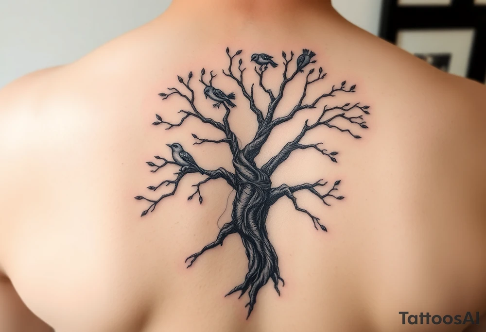 Poison tree with woman and birds and her hands to up into the branches but make her part of the tree tattoo idea