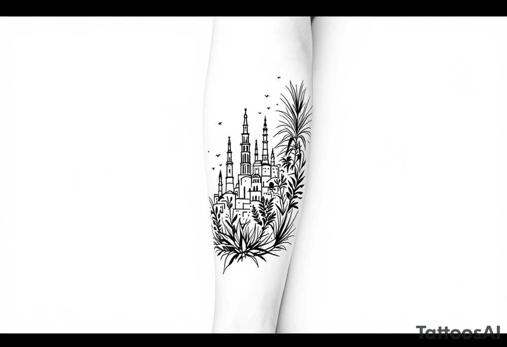 Barcelona cityscape, Spanish plants, leg sleeve tattoo idea