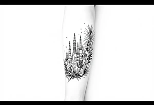 Barcelona cityscape, Spanish plants, leg sleeve tattoo idea